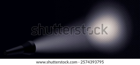 Flashlight projecting wide luminous beam on wall with realistic light scatter effect on dark background. Realistic black metallic torch creating soft gradient illumination with transparent glow.