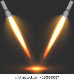 Flashlight and a ray of light in the dark on a transparent background. Modern led lamp with a bright projection.