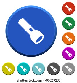 Flashlight round color beveled buttons with smooth surfaces and flat white icons