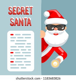 Flashlight secret santa claus peeking out cartoon corner character flat design poster isolated vector illustration