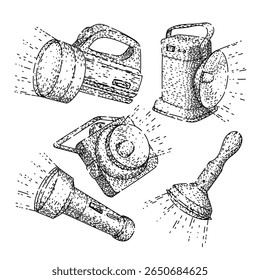 lanterna elétrica set desenhado à mão. lanterna antiquada, lâmpada incandescente, bateria metal lanterna vetor esboço. ilustração preta isolada