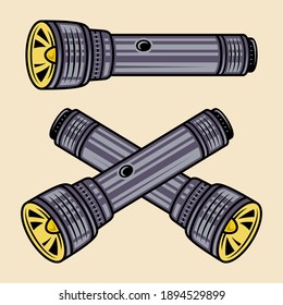 Flashlight set of vector objects or design elements in detailed vintage colored style isolated on light background