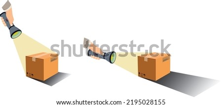 Flashlight and shadow of boxes. Light and shadow experiment illustration.