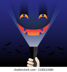 flashlight shine face monster ghost eye in blue background halloween day