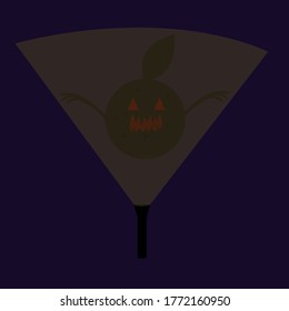 flashlight shines on a ghost in the shape of an orange with a leaf concept Halloween and mysticism object on a dark purple background.