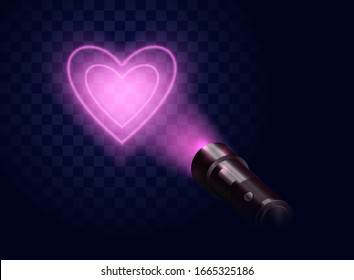 A flashlight shines on the wall with a ray of light in the form of a heart. Vector illustration.