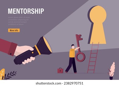 Flashlight shining light on keyhole, businessman carry key in dark. Business support or mentor help discover opportunity, right way, unlock success. leadership to see business vision or career path.