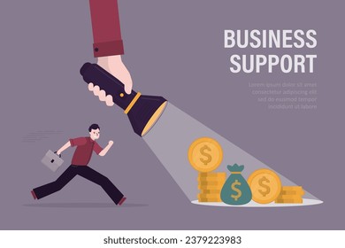 Flashlight shining light on money, reveal way to profit and wealth in dark. Business support or mentor help discover right path to increase earnings, leadership to see business vision. flat vector