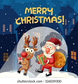 Flashlight is shone into santa clause and reindeer in christmas night, designed background, illustration, vector