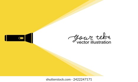 Flashlight silhouette. Electric flashlight shines on yellow banner with space for text. home handheld flashlight. Vector illustration of flat design. Isolated on white background. Flashlight icon.