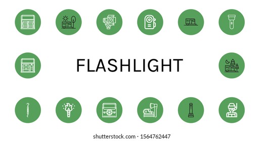 flashlight simple icons set. Contains such icons as Thermo bag, Camping, Spotlight, Flashlight, Torch, Scraper, Ax, Dive, can be used for web, mobile and logo