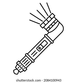 A flashlight with a special swivel head. A hand-held flashlight with a corner lamp. Convenient search in the dark. A tool for camping, tourism. Vector icon, outline, isolated.  Editable stroke