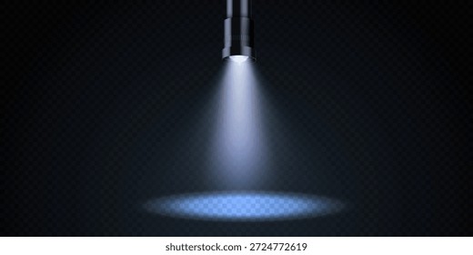 A lanterna com um feixe de luz de spot ilumina no escuro, criando um círculo de luz brilhante e realista. Ilustração em 3D vetorial.