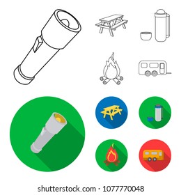 A flashlight, a table with a bench, a thermos with a cup, a caster. Camping set collection icons in outline,flat style vector symbol stock illustration web.