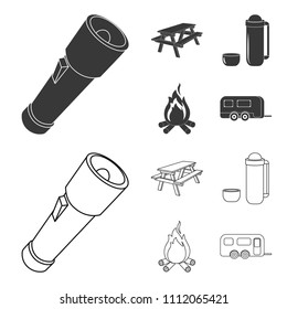 A flashlight, a table with a bench, a thermos with a cup, a caster. Camping set collection icons in black,outline style vector symbol stock illustration web.