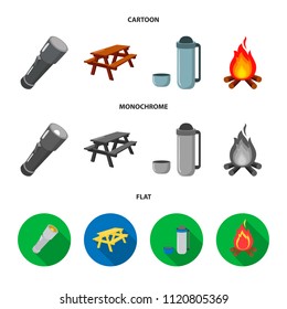 A flashlight, a table with a bench, a thermos with a cup, a caster. Camping set collection icons in cartoon,flat,monochrome style vector symbol stock illustration web.
