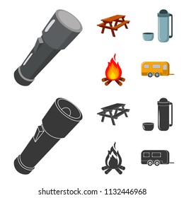 A flashlight, a table with a bench, a thermos with a cup, a caster. Camping set collection icons in cartoon,black style vector symbol stock illustration web.