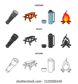 A flashlight, a table with a bench, a thermos with a cup, a caster. Camping set collection icons in cartoon,black,outline style vector symbol stock illustration web.