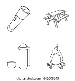 A flashlight, a table with a bench, a thermos with a cup, a caster. Camping set collection icons in outline style vector symbol stock illustration web.