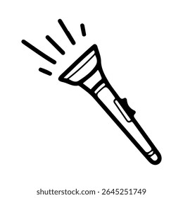 Flashlight turned on. Hand drawn doodle vector. Lighting portable equipment. Torch. Mobile lighting. Camping tool. Illustration line art element.