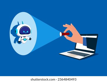 Flashlight uncovering hidden robot. AI assistant support. Modern vector illustration in flat style
