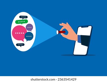 Flashlight uncovering hidden speech bubble. Discussion, colleague chatting, opinion. Vector illustration