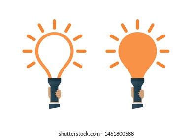 Flashlights with bulb shaped light. Human hand holding flashlight. Creative idea icons.