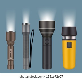 Flashlights. Electric handy flashlights for camping night searching lamp vector realistic collection