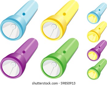Flashlights! - Electric torches (lighted and unlighted, blue yellow purple and green) isolated on white. Vector illustration. Suitable for advertising, editorial graphics. See others on "Objects" set.