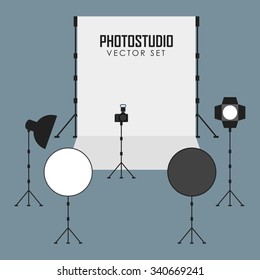 Flashlights, photo umbrellas, photo racks and background for pictures. Photo studio. Photo studio equipment.