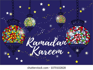 Flashlights for Ramadan. Turkish lanterns made of glass. The mosaic. Decoration for streets. The starry sky. Ramadan Kareem
