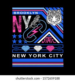 Flashy color neon design, tee shirt graphics, vectors, New York City typography