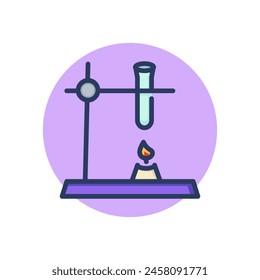 Frasco sobre icono de línea de fuego. Experimento, reacción, signo de contorno de calentamiento. Concepto de química y ciencia. Ilustración vectorial para Diseños web y App