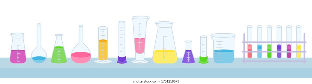 Flask and beaker, microscope, jars. Equipment lab science chemistry, flat cartoon set. Erlenmeyer flask, distilling, volumetric, test tube. lab research elements stand on table. Vector illustration