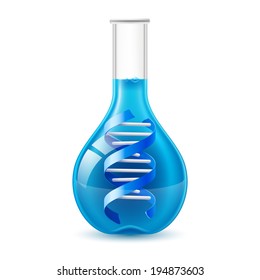 Flask with blue liquid and DNA sign. Science and medicine concept