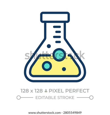 Flask with boiling liquid pixel perfect line color icon. Chemical experiment conduction. Laboratory research. Isolated vector illustration. Flat colorful symbol design. Editable stroke
