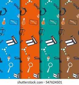 The flask, book, chemistry glasses, microscope, bacteria, danger, magnifying glass on blue, orange, green, brown background . Beautiful seamless pattern for your design. Vector illustration