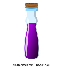 Flask and bottle icon. Label of fantasy potion and elixir. Cartoon style. Vector illustration logo.