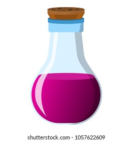 Flask and bottle icon. Label of fantasy potion and elixir. Cartoon style. Vector illustration logo.