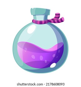 A flask with a bright purple potion. Vector colorful illustration isolated on white background. Game icon. For Halloween design.