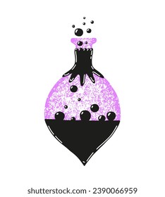Flask with bubbles and grunge texture. Magic potion. Cartoon vector illustration in gothic style. Doodle esoteric hand drawn element. For stickers, temporary tattoo