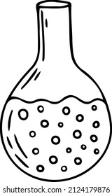 A Flask Of Bubbling Liquid. Hand-drawn Black And White Vector Illustration Isolated On A White Background. Sketch, Clipart, Template. Elixir, Liquid, Potion, Alchemy.