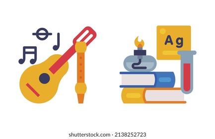 Flask with Chemical and Musical Instrument as School Education Object Vector Set