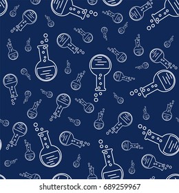 flask with chemical on a blue background. Vector illustration. Seamless pattern for scientific, educational, medical illustrations.