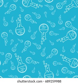 flask with chemical on a blue background. Seamless pattern for scientific, educational, medical illustrations. Vector illustration.