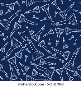 flask with chemical on a blue background. Vector illustration. Seamless pattern for scientific, educational, medical illustrations.