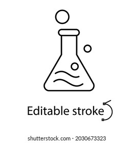 Flask with chemical reaction outline icon. Synthetic fabric feature. Textile industry. Customizable linear contour symbol. Editable stroke. Isolated vector stock illustration