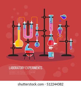 Flask chemistry equipment for laboratory or lab. Tubes and pipes, heating fire in chemical class or science room. Experiment and chemical reaction, school lesson and study, education theme