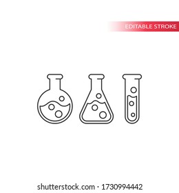 Flask or chemistry glassware with liquid and bubbles thin line vector icon set. Editable stroke.