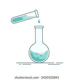 Un matraz con una solución de color y un tubo de ensayo. Reacción química. Pruebas de laboratorio. Mezcla de reactivos. Experimento y observación